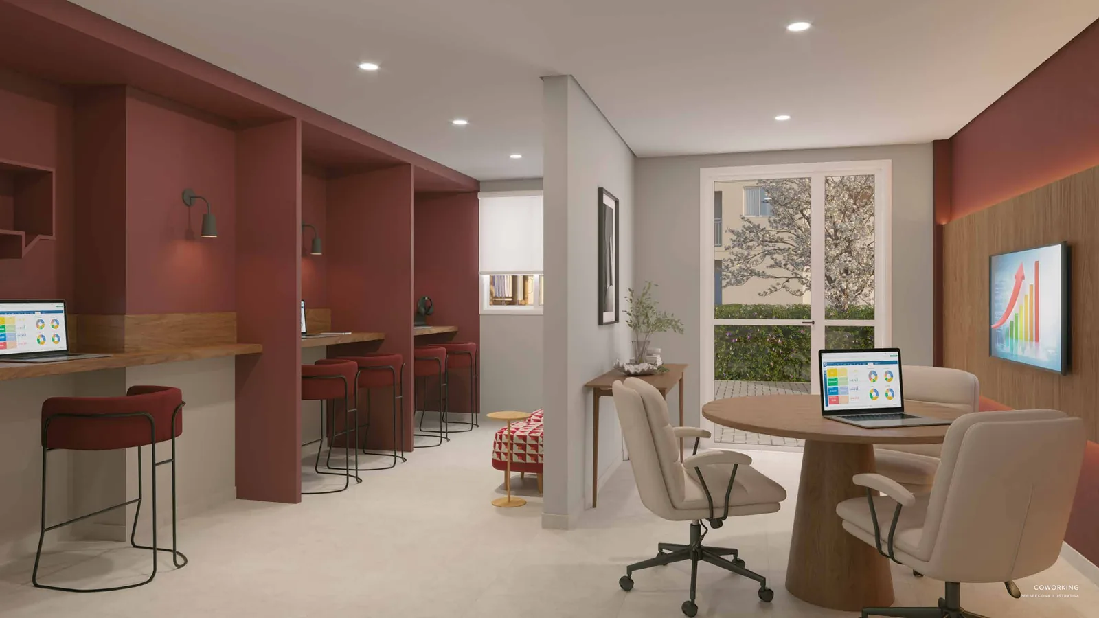 Espaço de coworking do Nova Leopoldina, com estações de trabalho equipadas